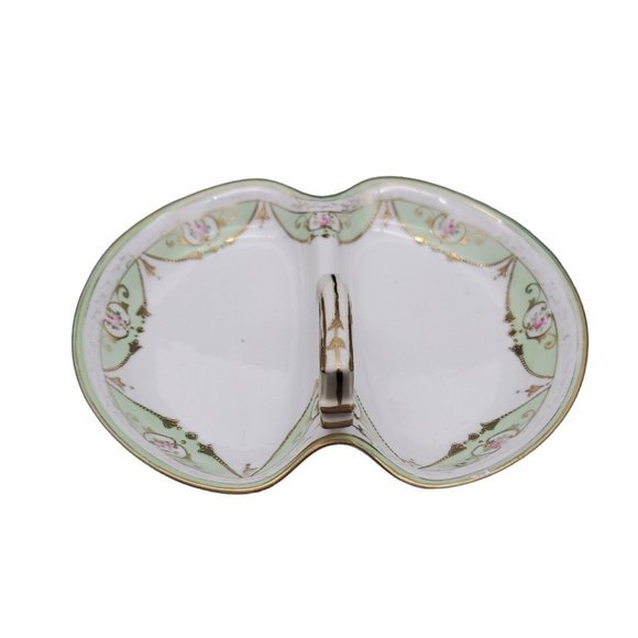 VTG Nippon Porcelain Handle Dish Basket Hand Painted Candy Dish Mint  White Gold - Picture 5 of 9